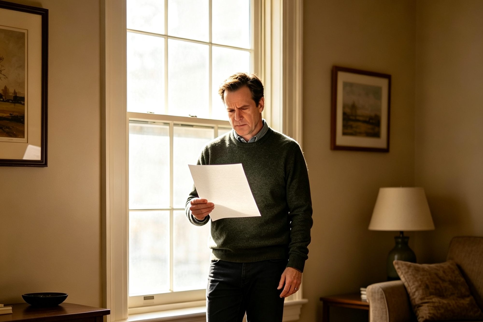 A man in his late thirties standing by a sunlit window at home, reading a letter held at an angle, his brow drawn as he takes in news that the next step is mediation.