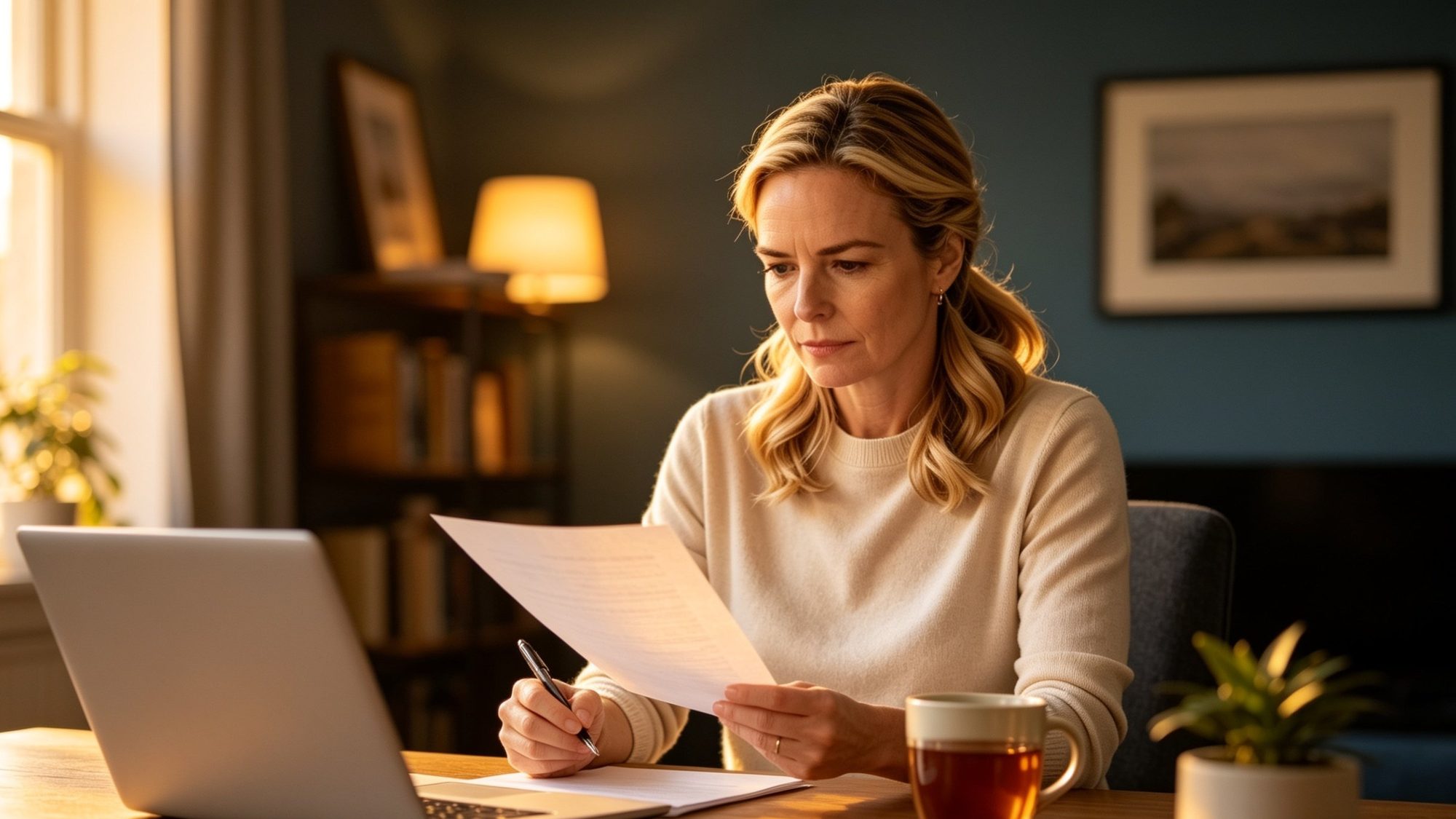 A woman at her desk signing her agreement, calm and unhurried, with a cup of tea beside her.